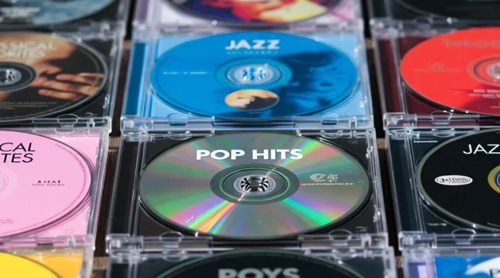 CDs in clear jewel cases, including Pop Hits