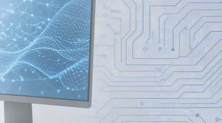 Computer monitor with a digital wave beside a circuit board pattern